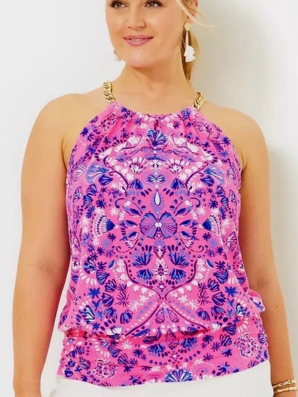 Lilly Pulitzer Pink Halter Tank with Blue Floral Print